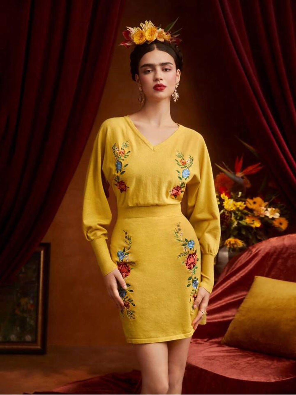NWT Frida Kahlo Mustard Floral Embroidered Puff Sleeve Knit Mini Dress L